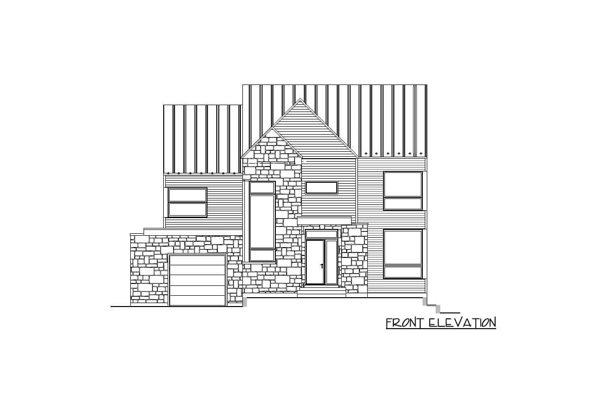 Front elevation drawing of a two-story house plan with stone and horizontal siding, gabled roof, and integrated garage.