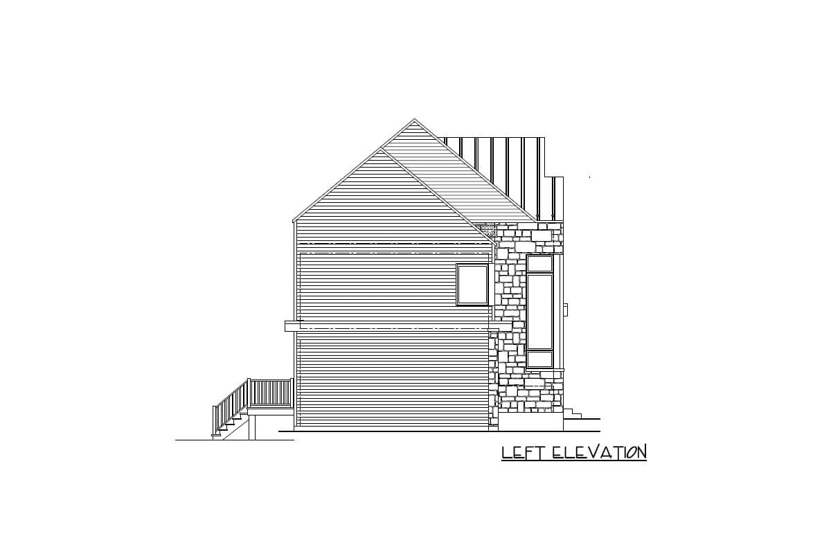 Left elevation drawing of house plan with horizontal siding and stone accents on a two-story structure.