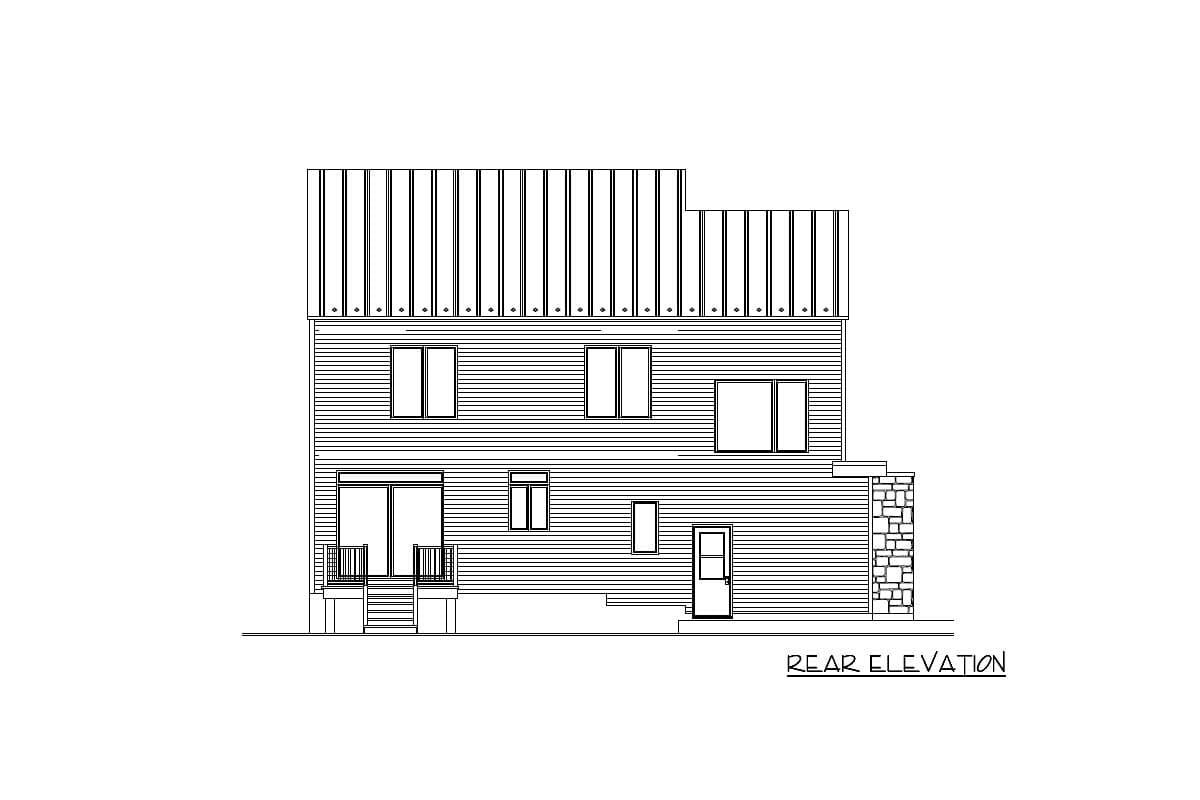 Rear elevation drawing of a two-story house with horizontal siding, a standing seam metal roof, and a stone-clad accent.