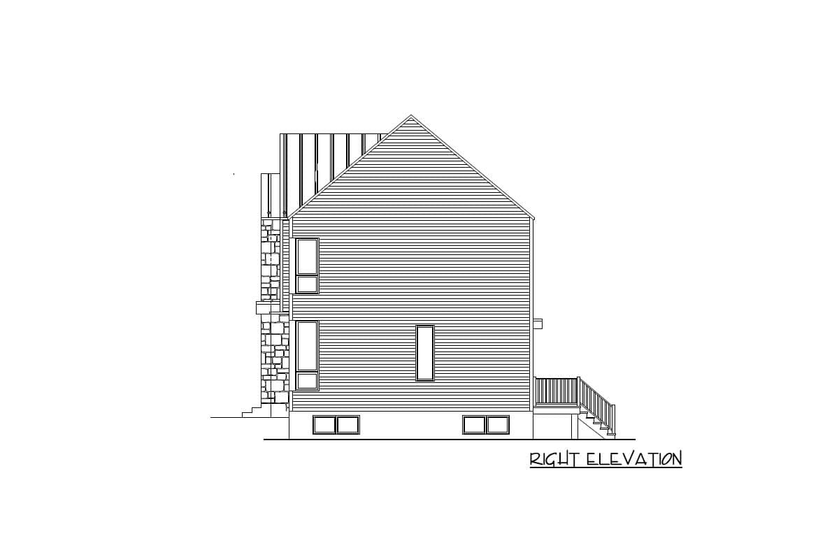 Right elevation of a house plan showing siding, stone accents, multiple windows, and a rear deck with stairs.