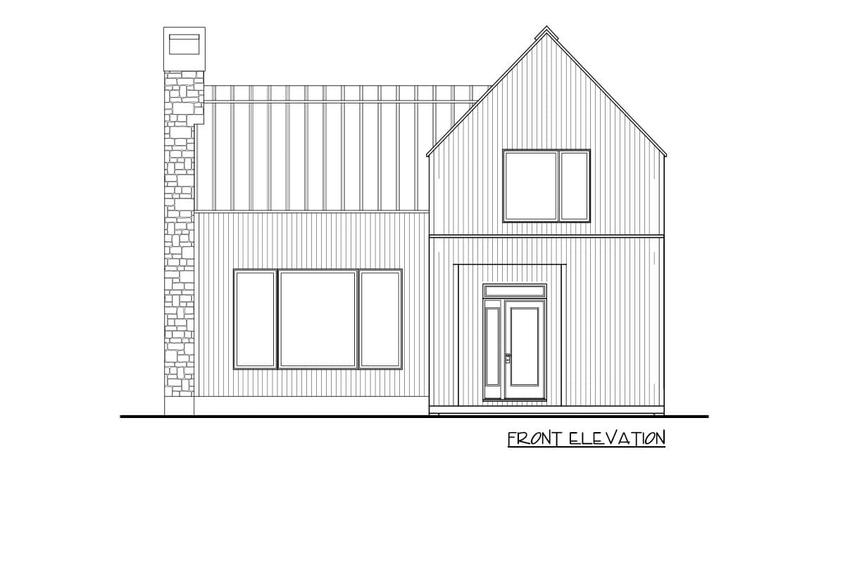 Front elevation of a two-story house plan featuring a stone chimney, vertical siding, and a metal gable roof.