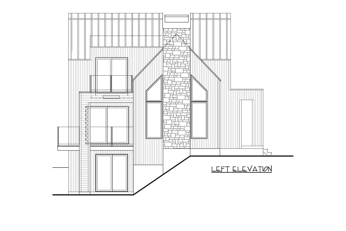 Left elevation house plan featuring a stone chimney, multiple gables, and balconies.