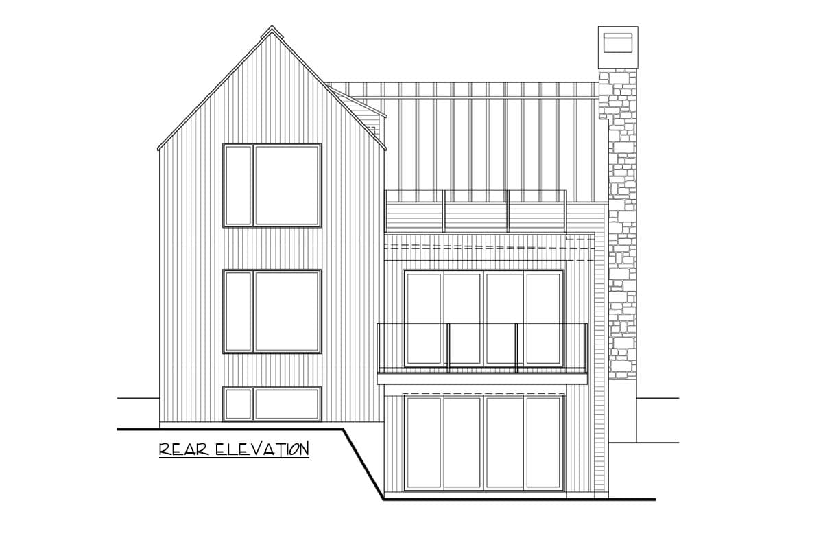 Rear elevation drawing of a modern house plan with a gabled roof, stacked windows, balconies, and stone chimney.