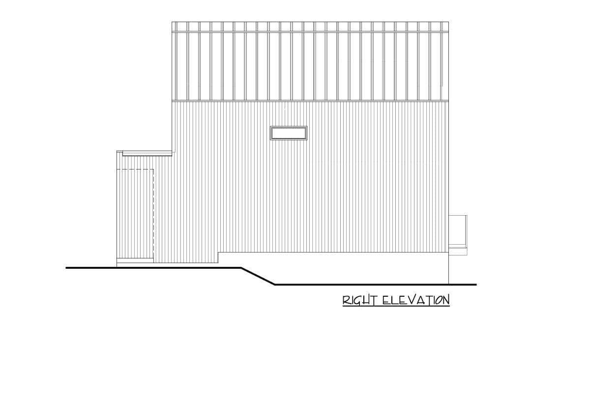 House plan right elevation showing vertical siding, a small window, and an attached section with a door.
