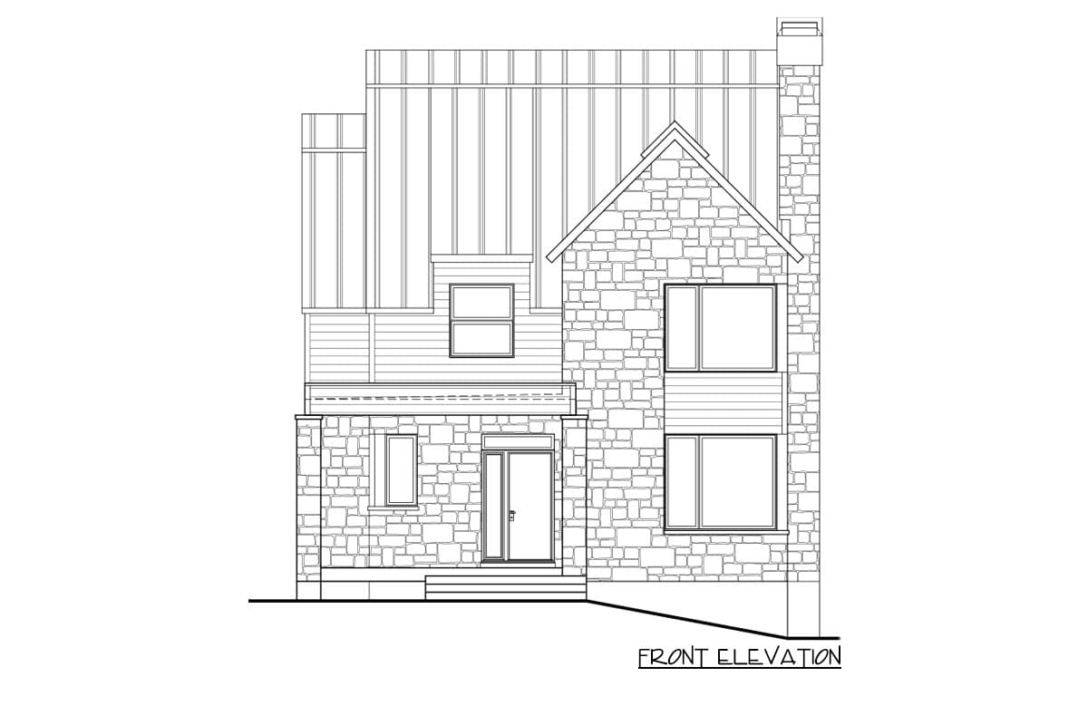 Front elevation drawing of a two-story house plan with stone and lap siding, metal roof, and front entry.