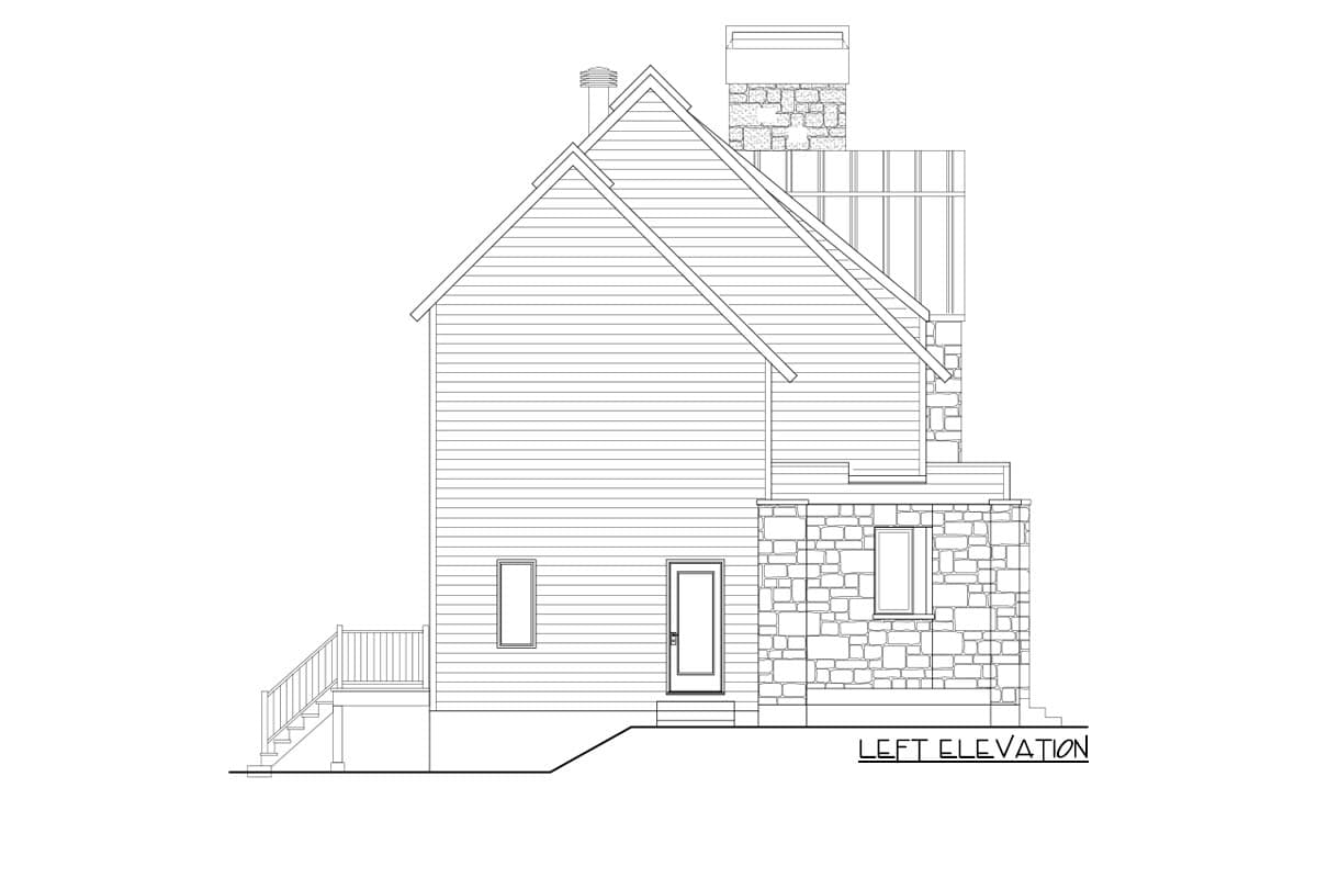 Left elevation house plan with siding, stone accents, gabled roof, chimney, and entry porch with stairs.