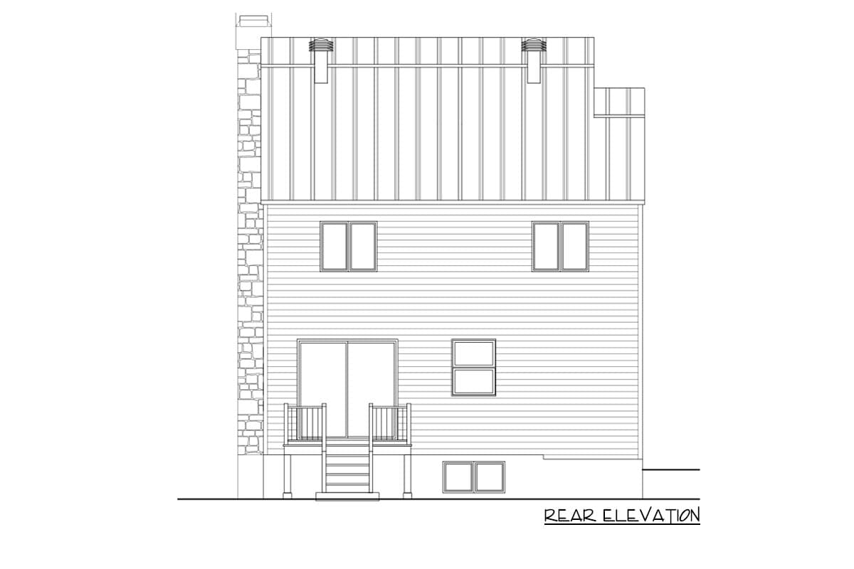 Rear elevation house plan with stone chimney, siding, metal roof, two stories, deck, and multiple windows.