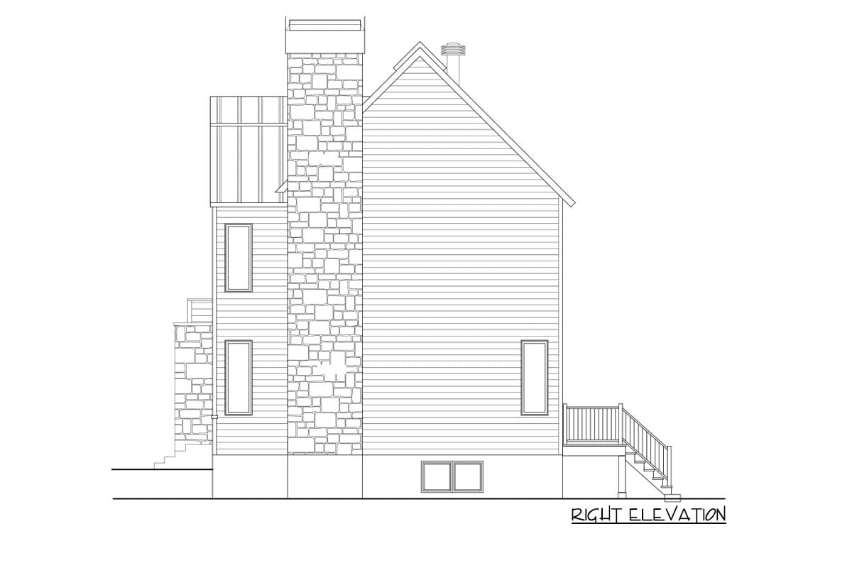 Right elevation house plan showing a prominent stone chimney, multi-story structure, and a rear deck with stairs.
