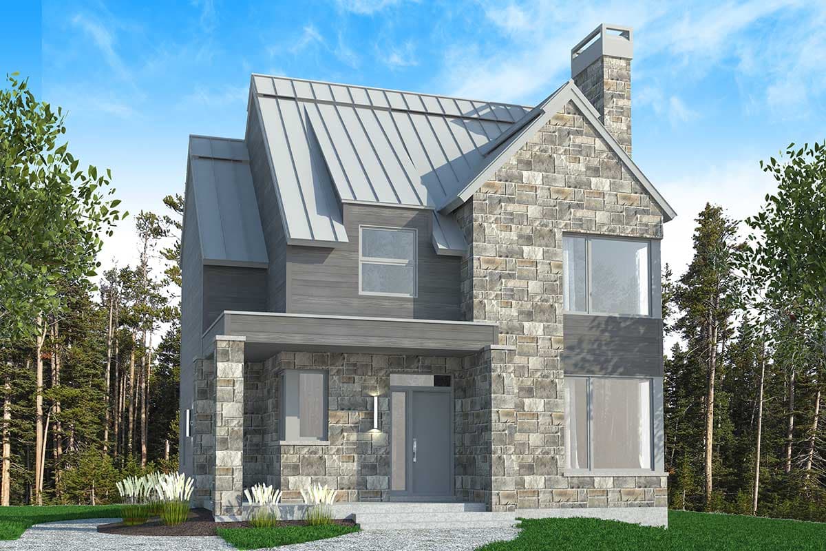 House plan exterior with stone veneer, metal roof, and two stories. Features include a front porch with a shed roof and a chimney.