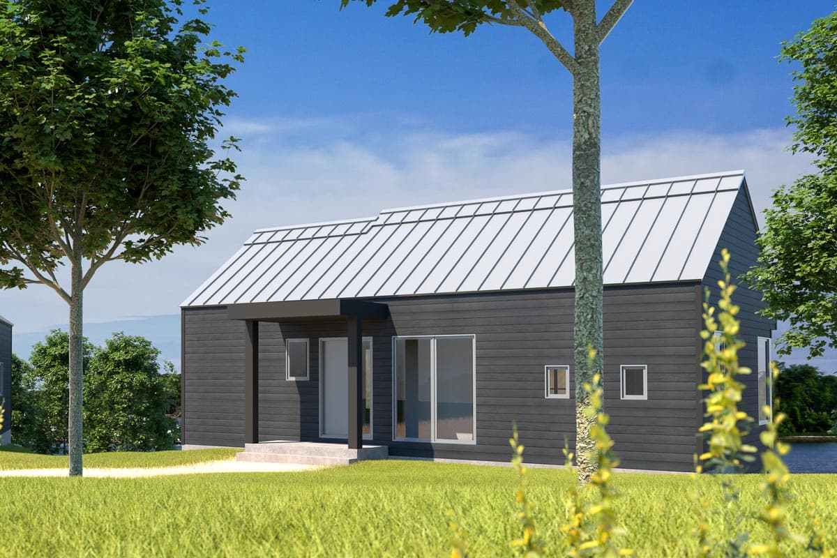 House plan exterior: one-story modern home with dark siding, white standing seam metal roof, covered entry, and large windows.