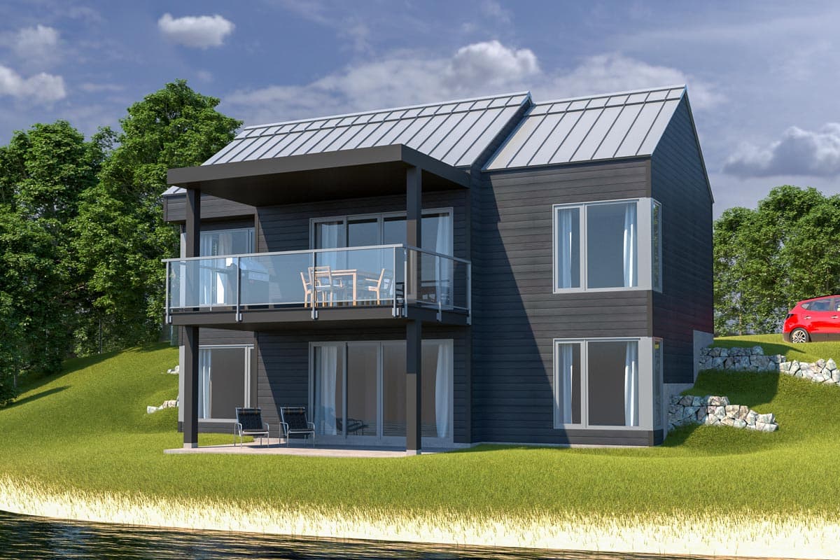 House plan exterior with two stories and a modern style. Features include a metal roof, balcony, and dark siding.