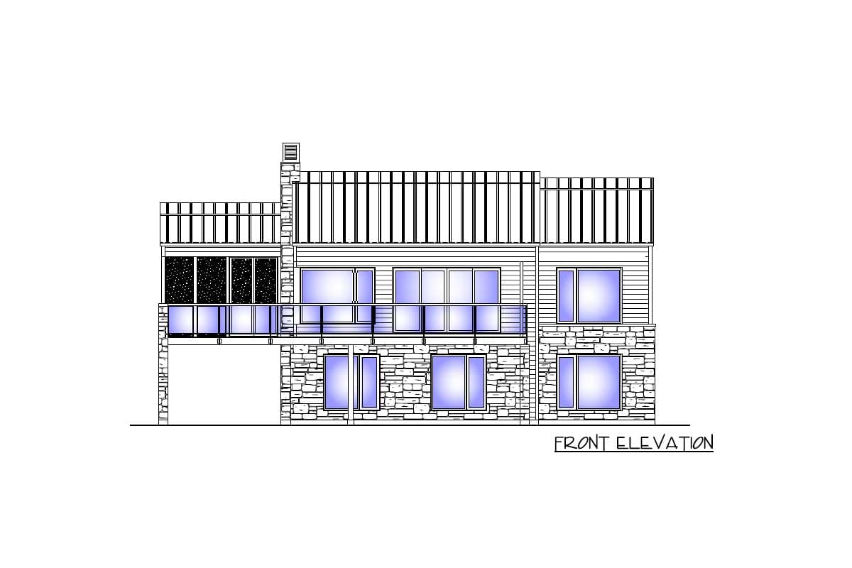 Front elevation of a house plan featuring stacked stone base, horizontal siding, large windows, and a screened porch.