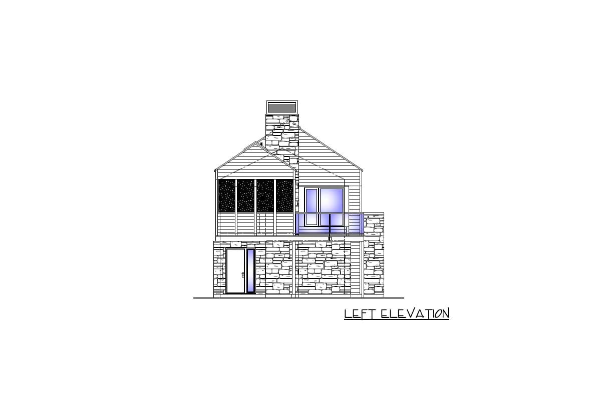 House plan left elevation showing stone base, screened porch, balcony, and prominent chimney.