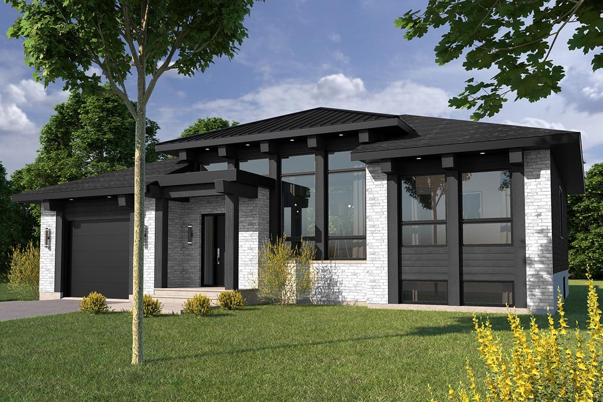 House plan exterior. Modern style, single story home with flat roof, exposed beams, and large windows. Includes garage and covered entry.