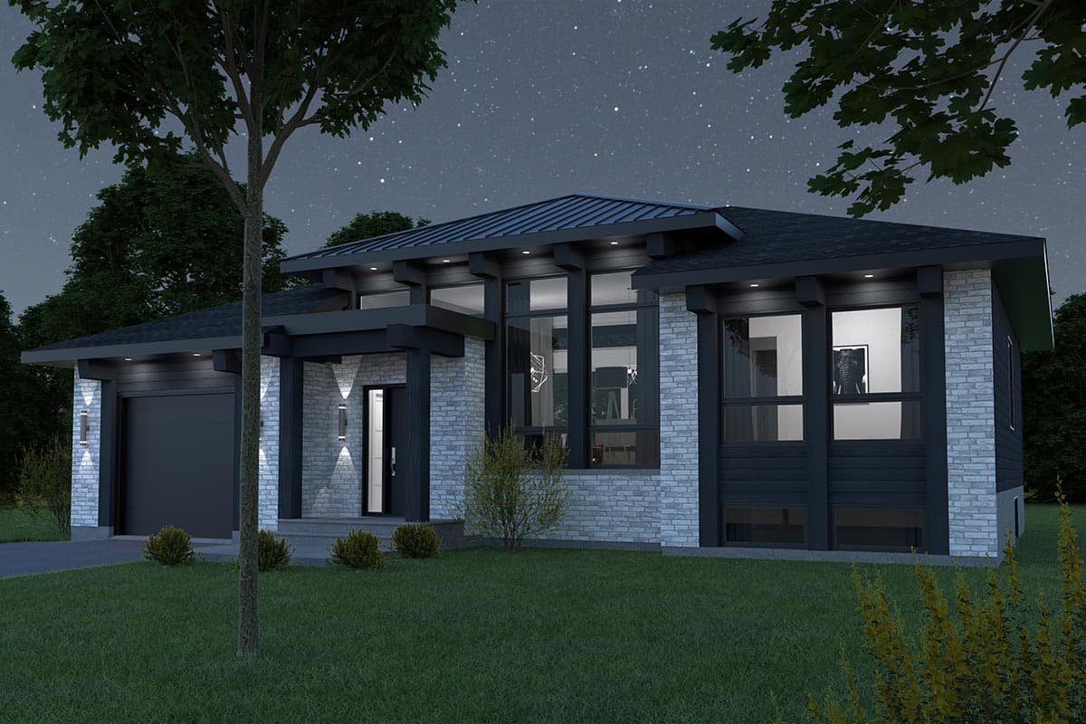 Modern house plan exterior with stone facade, hip roof, attached garage, and large windows.