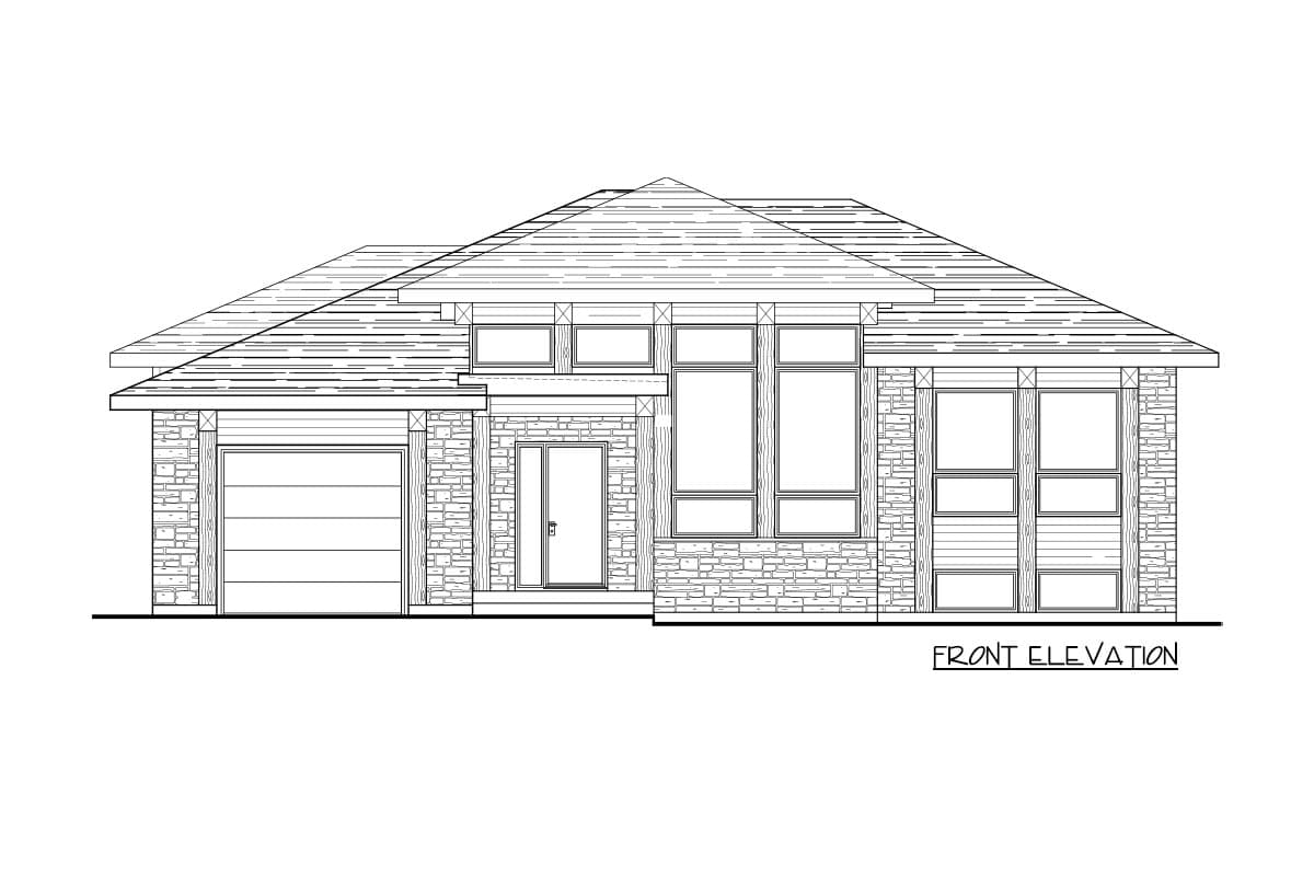Front elevation house plan showing a single-story modern home with a gabled roof, attached garage, and stone and wood facade.