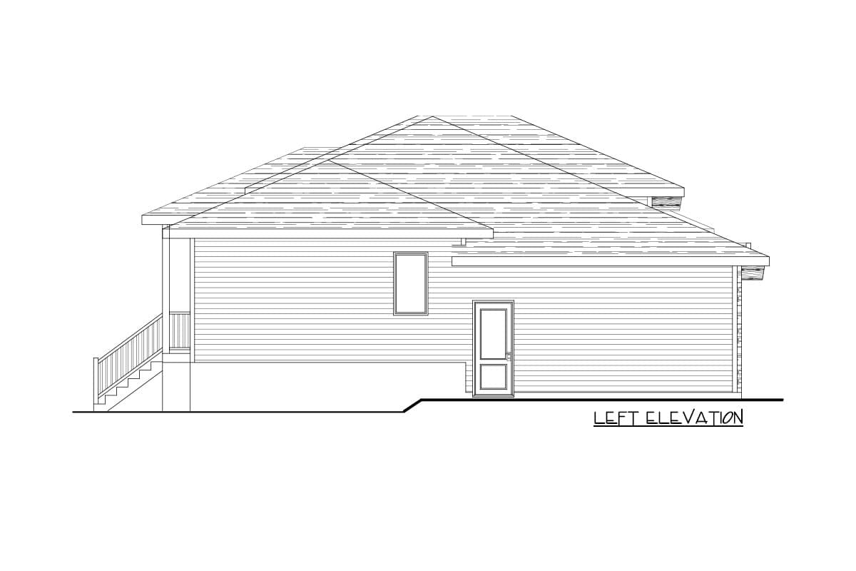 Left elevation drawing of a house plan, showing a single-story structure with a hip roof, a side door, a window, and a set of stairs.