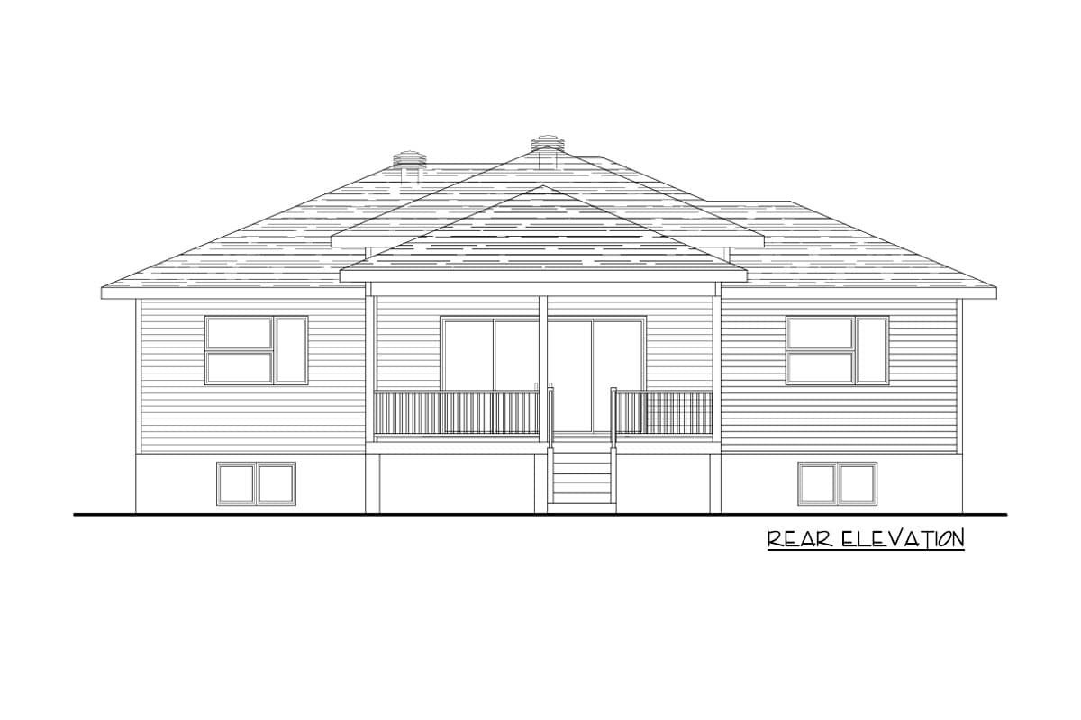 Rear elevation drawing of a one-story house with a gable roof, covered porch, and horizontal siding.