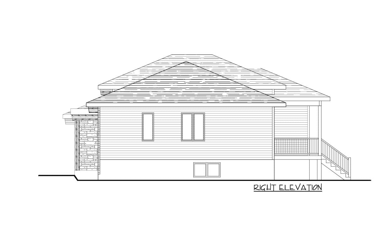 Right elevation drawing of a house plan featuring horizontal siding, stone accent, multiple windows, and a porch with stairs.