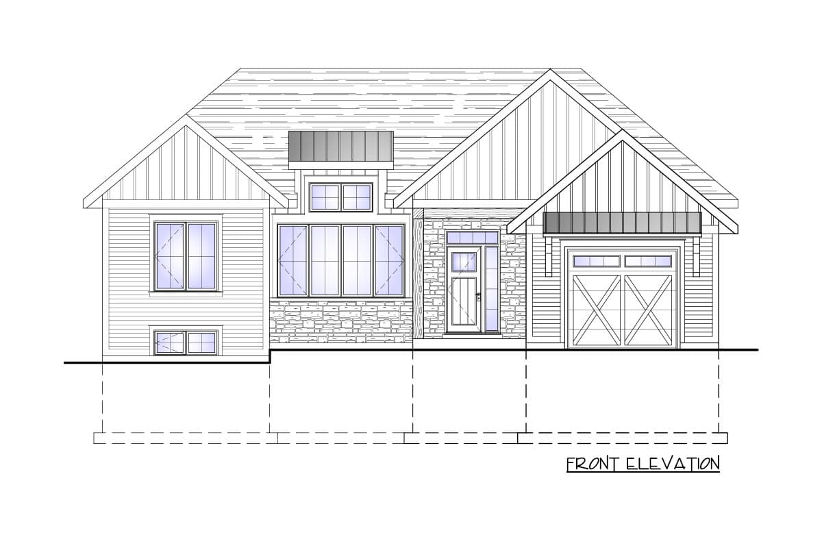 Front elevation of a house plan featuring a prominent gable roof, stone accents, multiple windows, and an attached garage with a barn-style door.