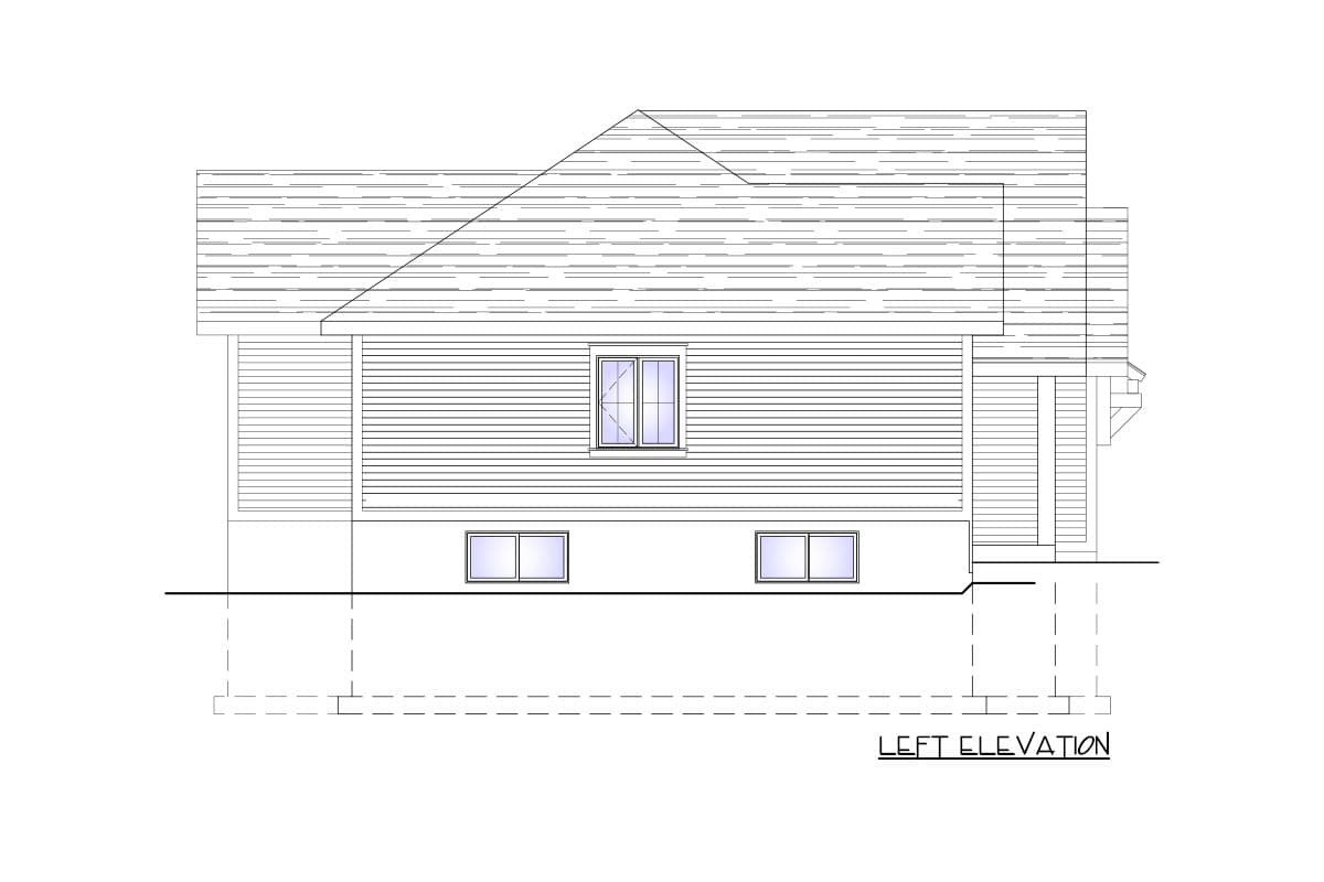 Left elevation drawing of a house plan showing a sloped roof, horizontal siding, and three windows.