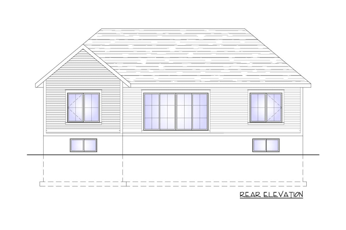 Rear elevation drawing of a house plan featuring horizontal siding, a gabled roof, and multiple windows.
