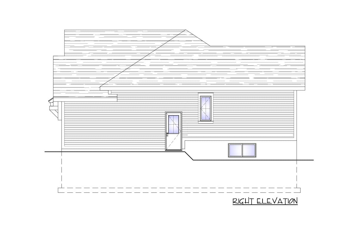 Right elevation house plan drawing showing vinyl siding, a door, two windows, and hip rooflines.