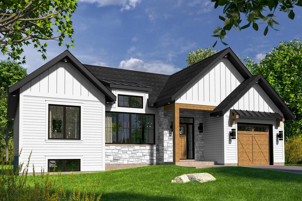 House plan exterior. Modern Farmhouse style with two stories, gabled rooflines, stone facade, and a covered front porch, and garage.
