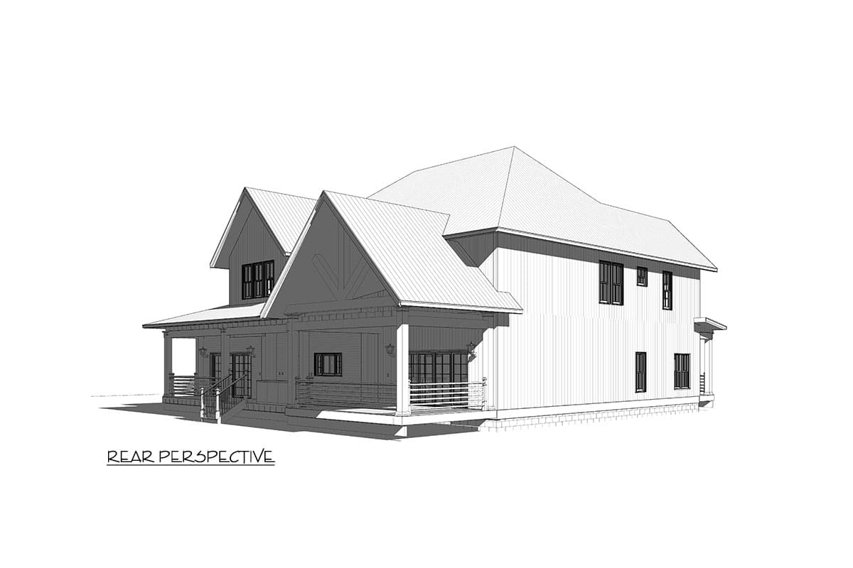 Rear perspective of a two-story house plan with a wraparound porch, prominent gables, and metal roof.