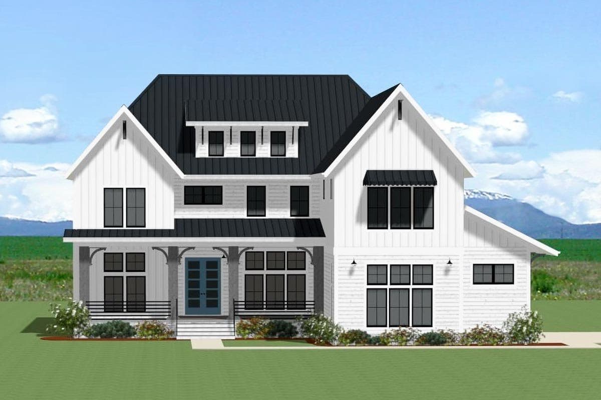 House plan exterior rendering. Two-story Modern Farmhouse with gable roof, covered front porch, dormers, and contrasting black roof and accents.