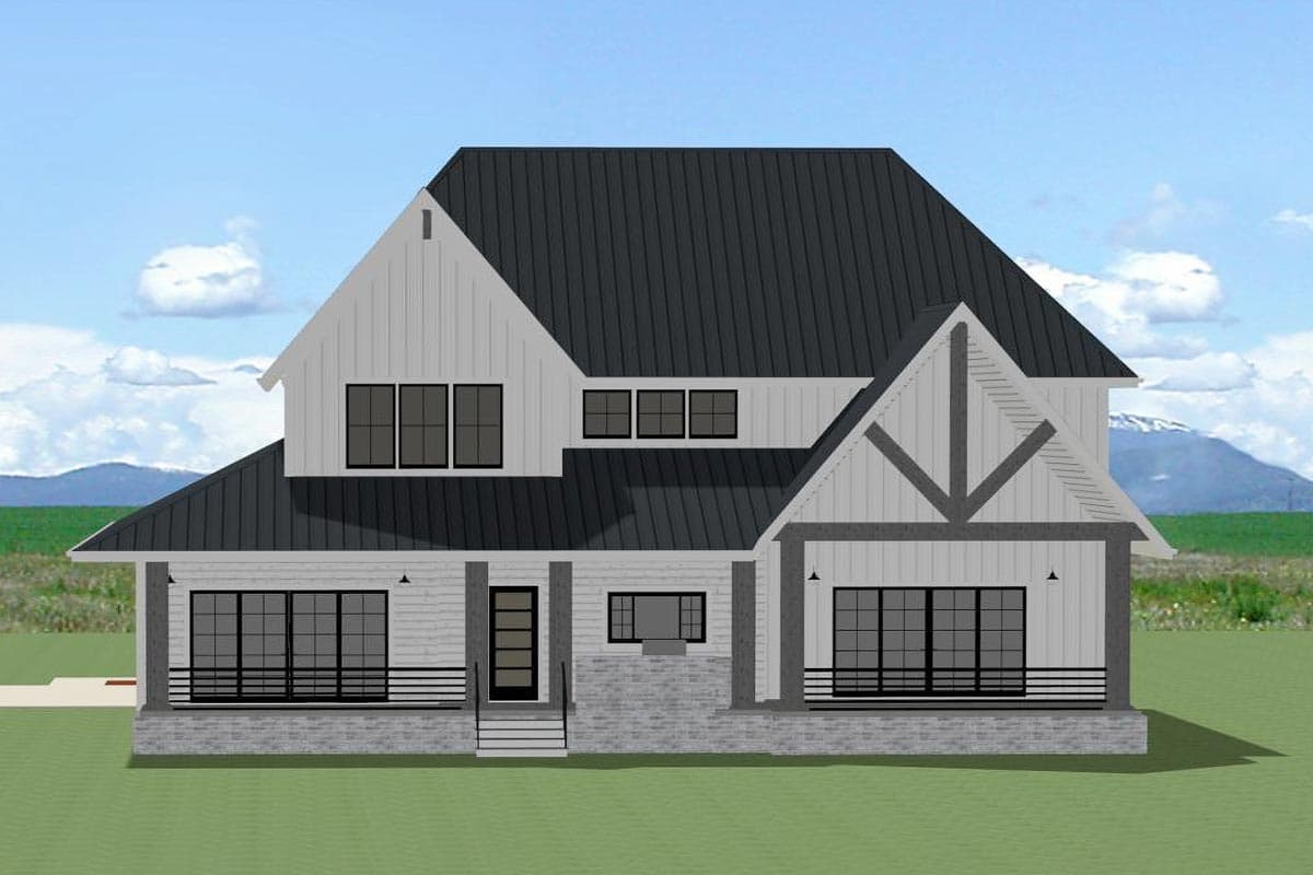 Modern Farmhouse house plan exterior. Two stories, intersecting gables, metal roof, front porch with stone base and railings.
