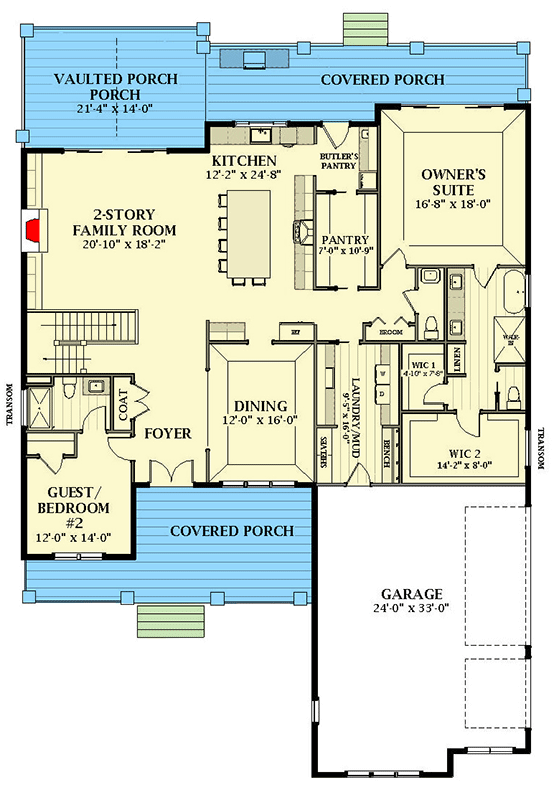 Plan 46448LA: Two-Story Transitional Country Home Plan with Main-Level Owner's Suite - Floor Plan - Main Level - Country, Modern Farmhouse, New American, Transitional