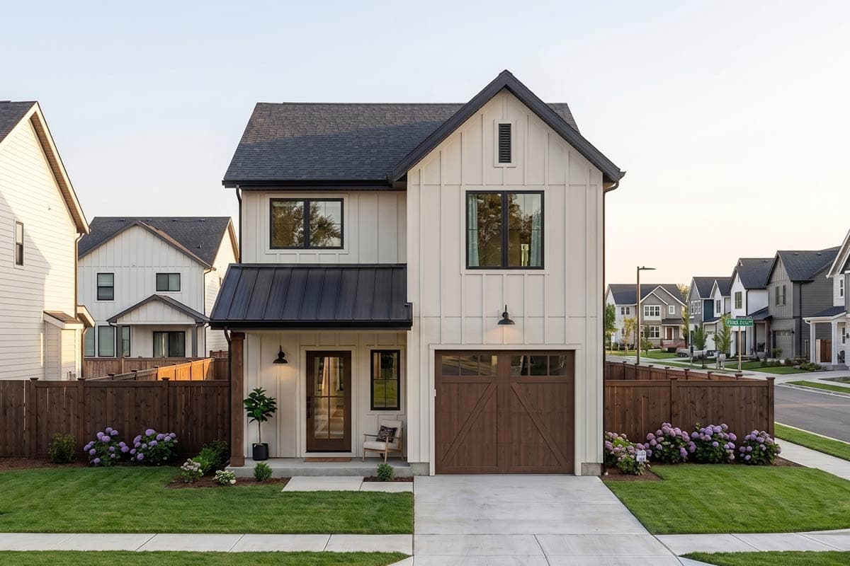 Modern Farmhouse house plan exterior, two stories, vertical siding, dark metal roof, gable vent, front-facing garage with wood doors.