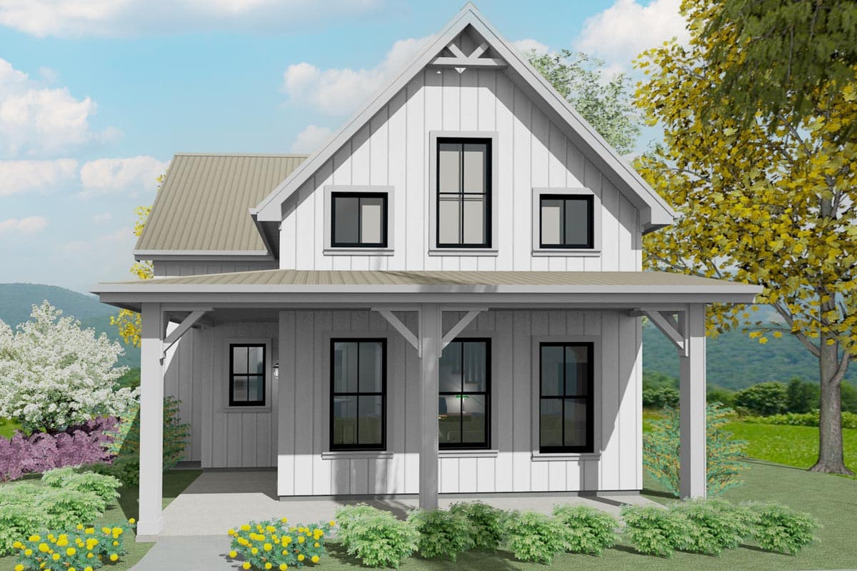 Modern farmhouse house plan exterior with a covered front porch, board and batten siding, and a metal roof.