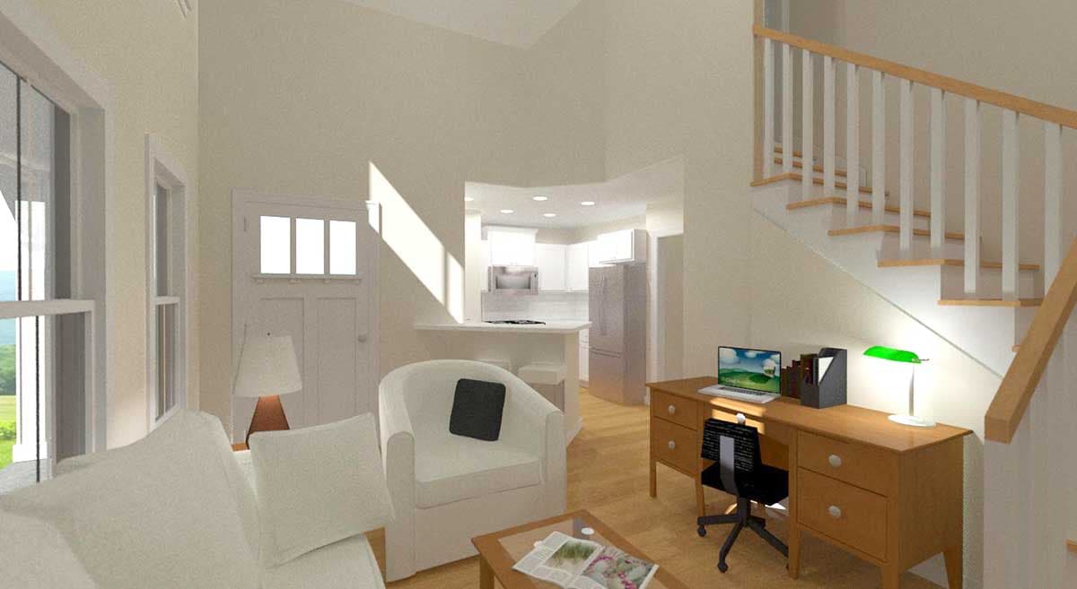 Interior rendering showing an open living area with a desk, staircase, and view into a white kitchen with island.
