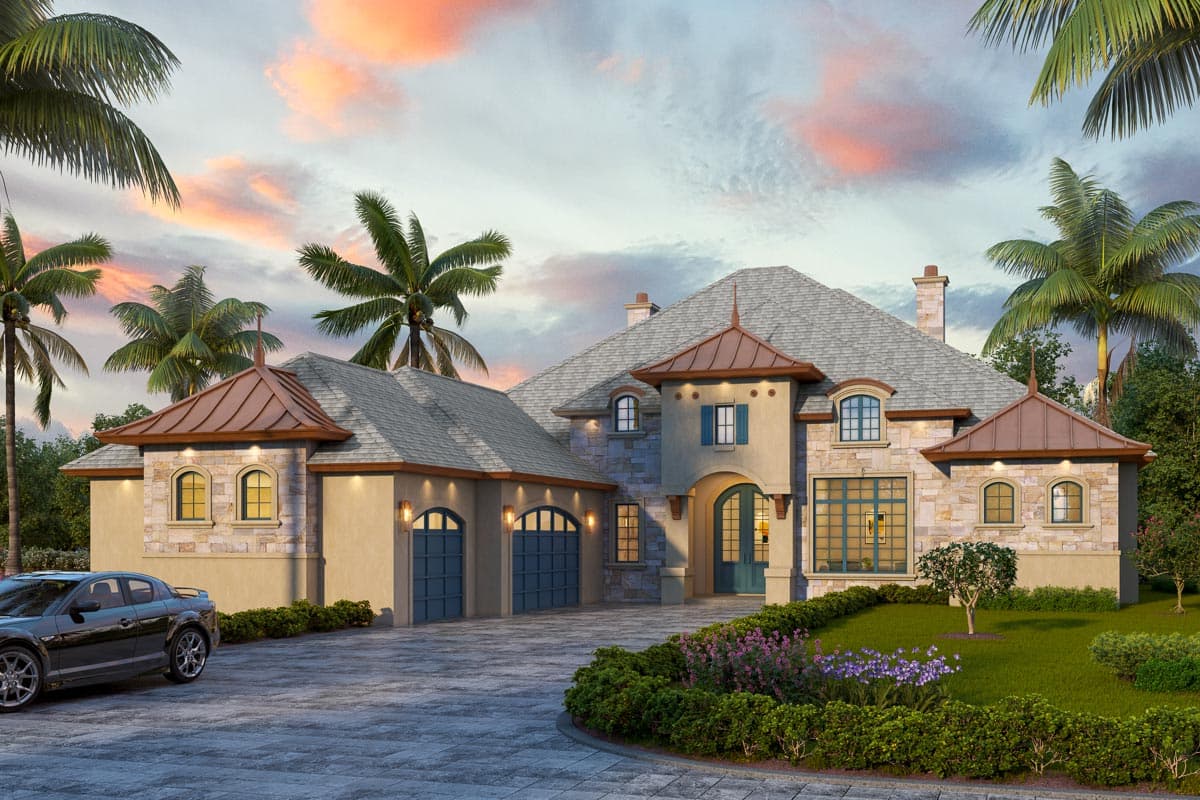 House plan exterior with stone accents, a multi-gabled roof, copper roof accents, and a front-entry garage with arched doors.