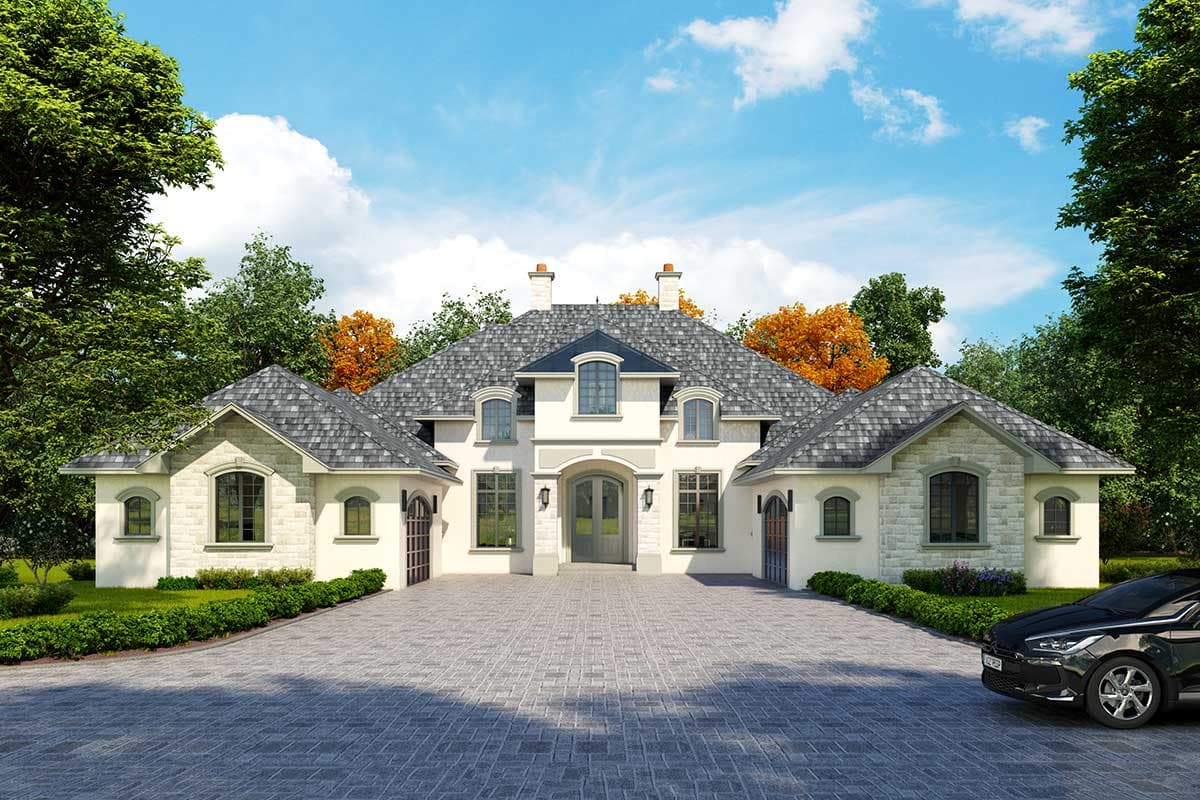 House plan exterior: Two-story home with symmetrical facade, arched windows, stone accents, two garages, and a mansard roof.