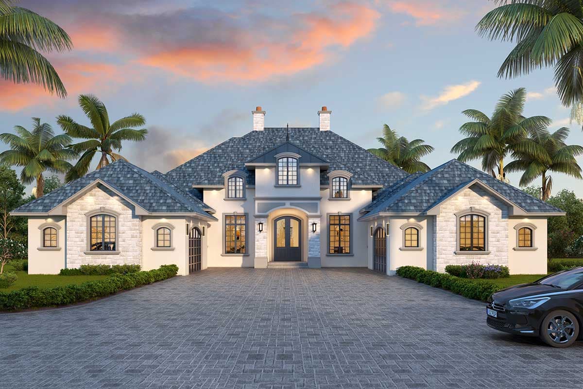 House plan exterior with stone accents, multiple gables, and a prominent roofline. Features include arched windows and a large driveway.
