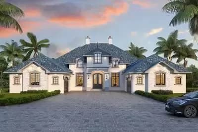 One-Level French Country Home Plan with Study and Exercise Room
