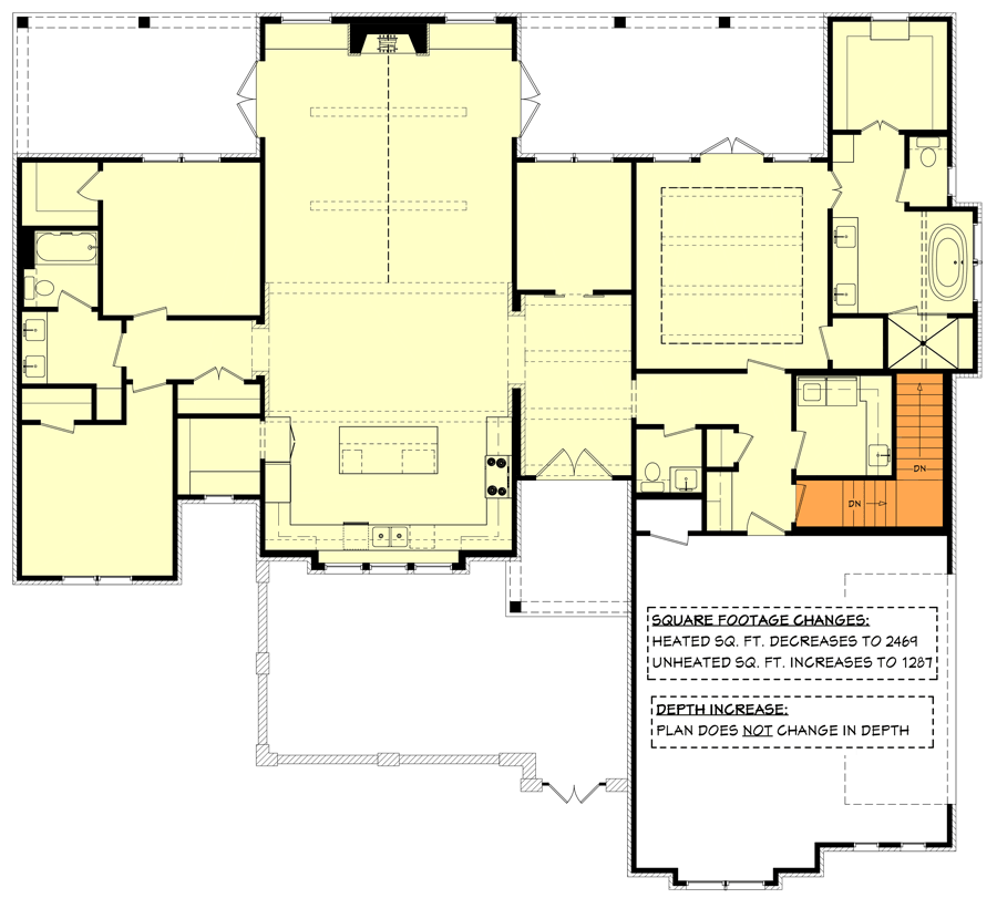 Plan 51872HZ: Charming 3-bed Transitional House Plan with Courtyard and Rear Porches  - Floor Plan - Basement Stair Location - Cottage, Country, French Country, Modern Farmhouse, New American, Southern, Southern Traditional, Traditional, Transitional