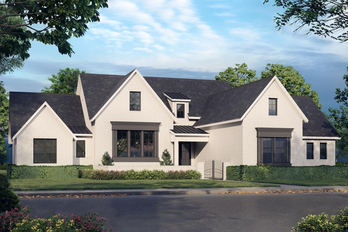 House plan exterior. Two-story Modern Farmhouse with gabled roof, dormers, and dark window trim. Features brick exterior and covered entryway.