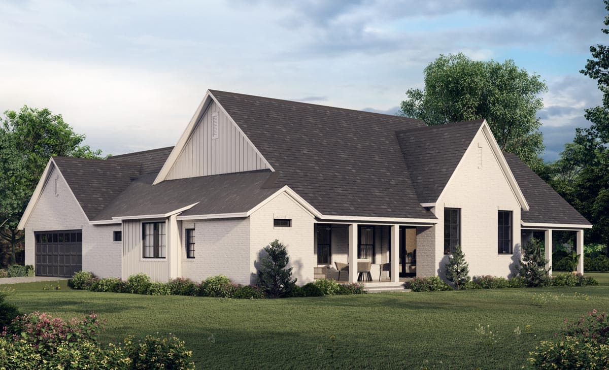 Modern Farmhouse house plan exterior with white brick, gables, large windows, covered porch, and attached garage.