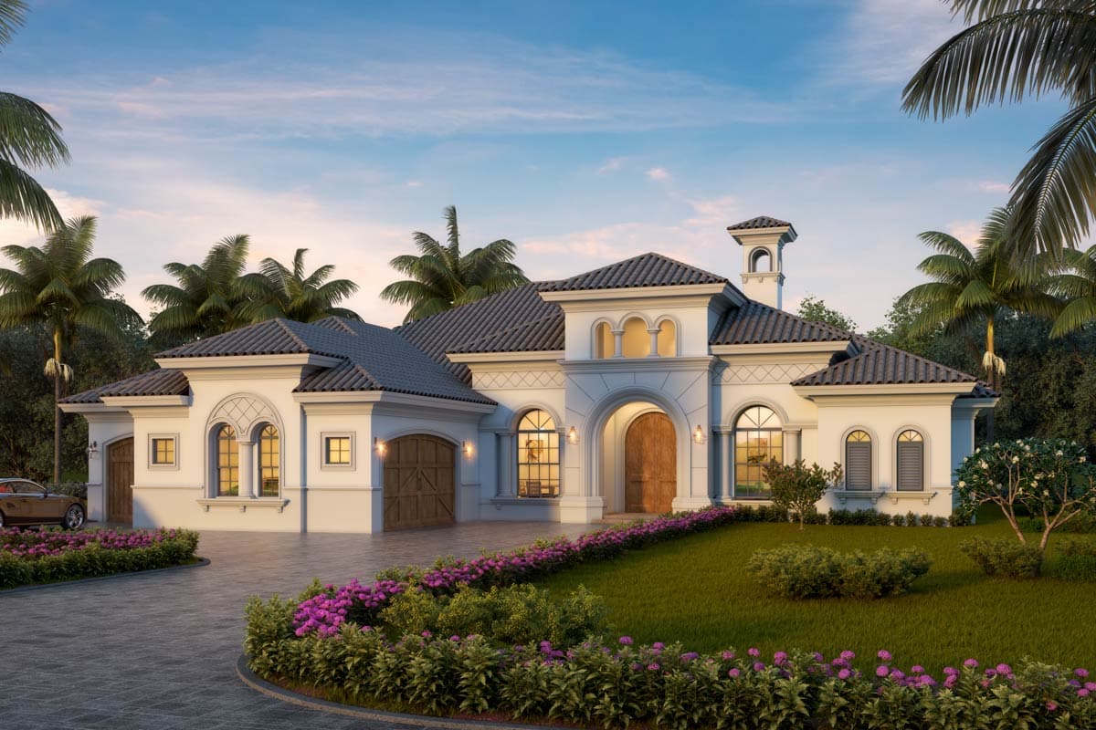 House plan exterior. Two-story Mediterranean-style home with arched entry, tiled roof, and arched windows. Features attached garage and a cupola.