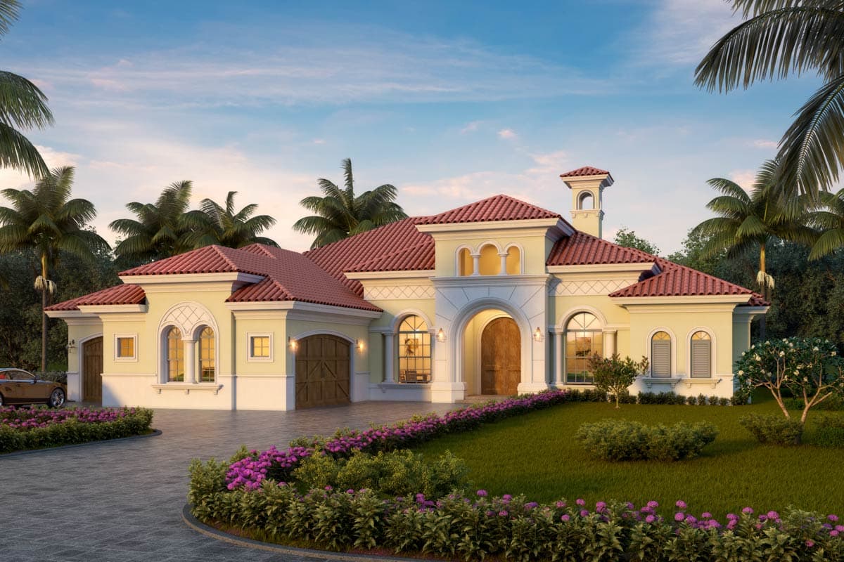 House plan exterior, Mediterranean style, one story, red tile roof, arched entryway, double garage doors.