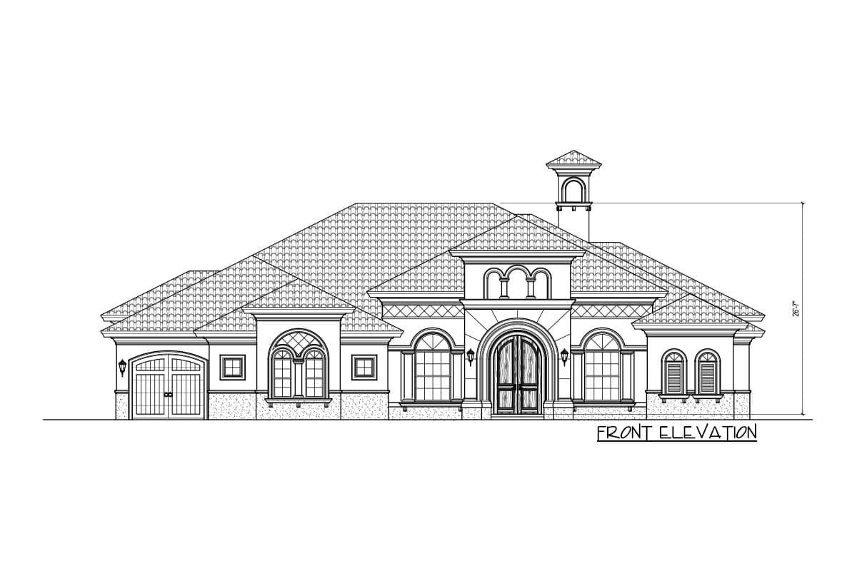 Front elevation drawing of a one-story house with a tile roof, arched windows, double entry doors, and a two-car garage.