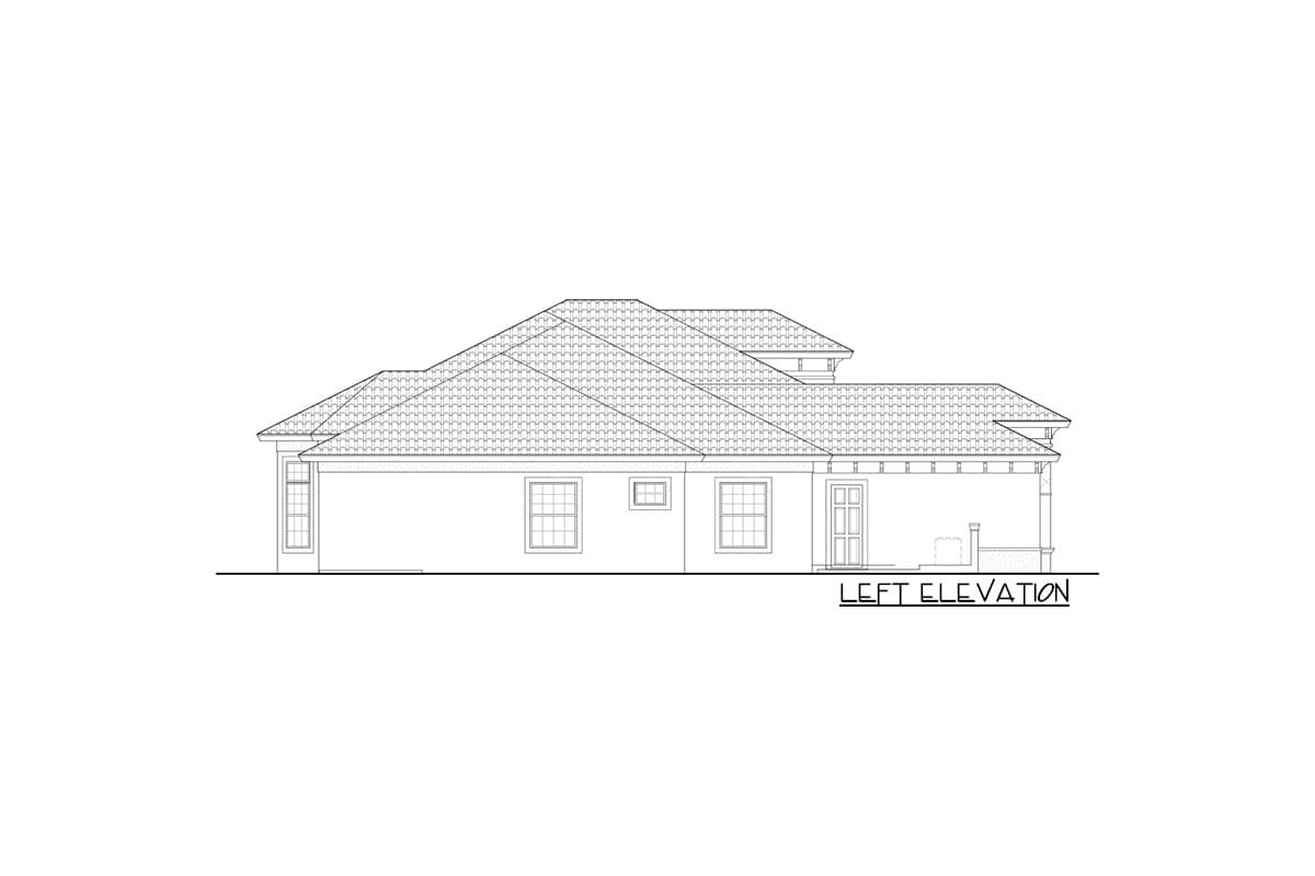 Left elevation drawing of a single-story house with multiple gables and a covered porch.