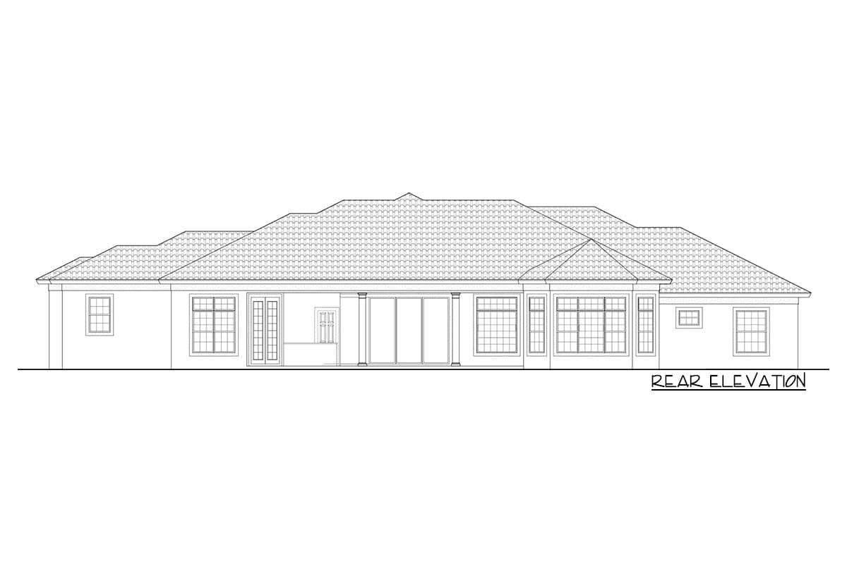 Rear elevation drawing of a single-story house with a hip roof, covered patio, and numerous windows.