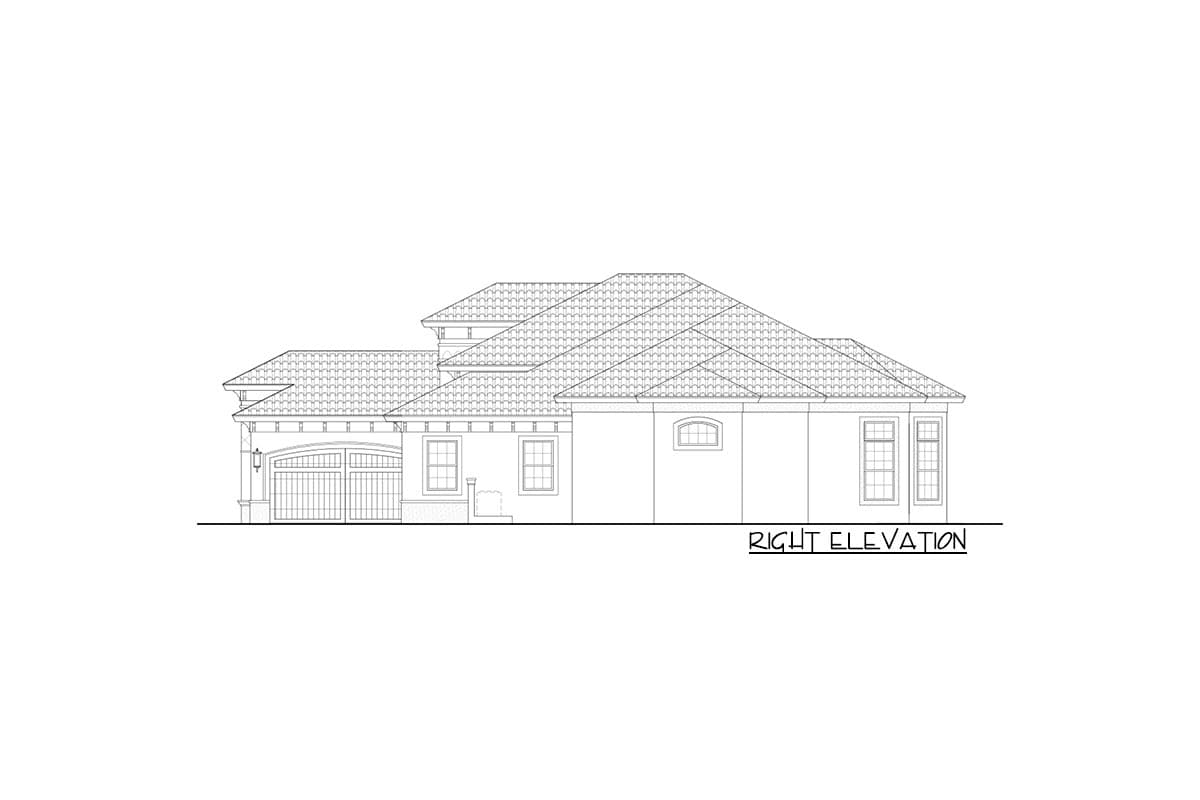 Right elevation house plan with arched garage door, multiple gables, and diverse window styles.
