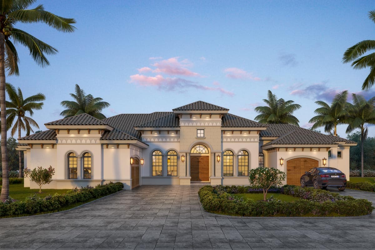 House plan exterior. Two-story Mediterranean-style home with arched windows, tile roof, and attached garage. Driveway leads to the front door.
