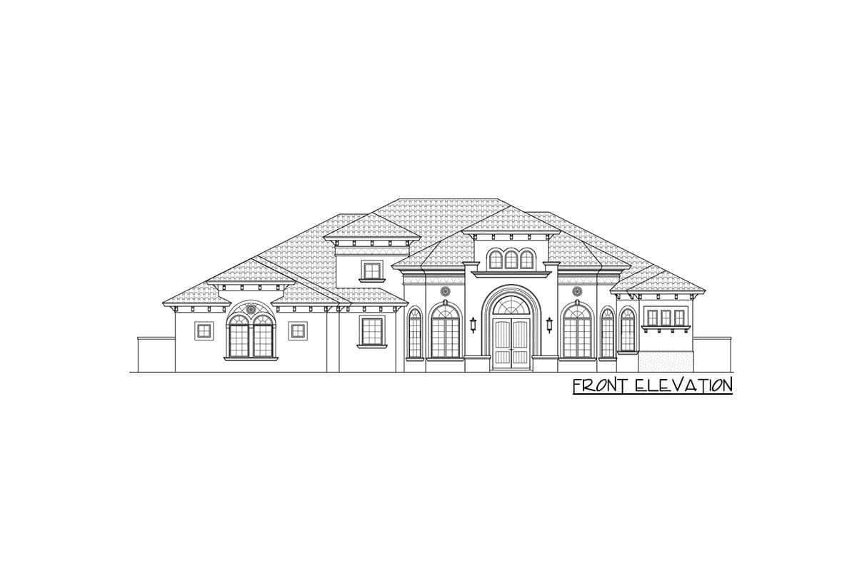 Front elevation drawing of a single-story house with arched windows, multiple gables, and a tiled hip roof.